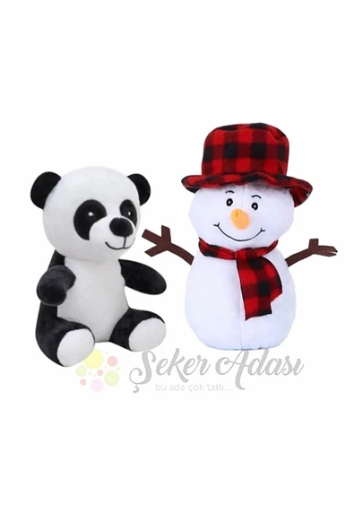 Şeker Adası Peluş Kardan Adam 25 Cm ve Ayı Panda 20 Cm Yılbaşı Kış Dekoratif Hediye Süsleme