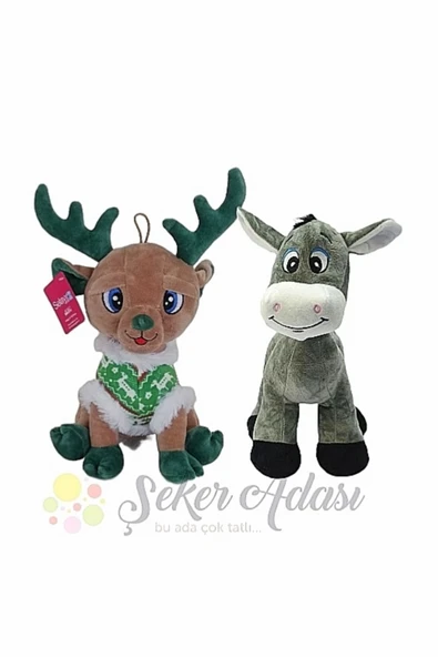 Şeker Adası Sevimli Peluş Geyik 28 Cm ve Peluş Eşek 28 Cm İkili Oyuncak Set Hediyelik ürün görseli