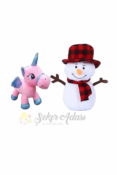 Şeker Adası Peluş Kardan Adam 25 Cm ve Pony Unicorn At 18 Cm Yılbaşı Kış Dekoratif Hediye Süsleme