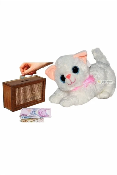 Şeker Adası Sevimli Miyavlayan Sesli Kedi 28 Cm Peluş Ve Ahşap 10.000 Hedefli Kumbara Para Biriktirme Kutusu ürün görseli 1