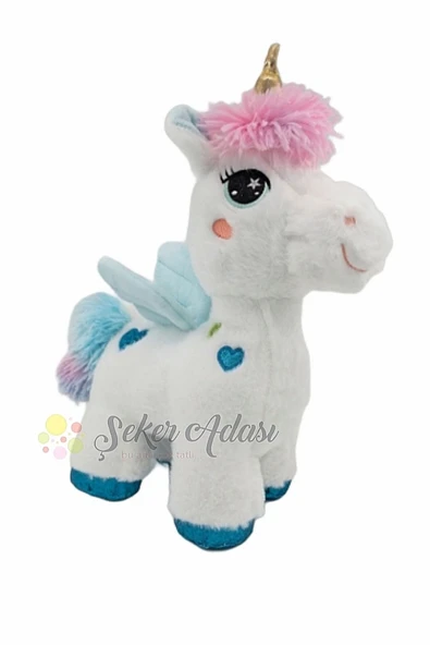 Şeker Adası Kanatlı Mavi Kalpli Unicorn At 35 Cm Oyuncak Beyaz Peluş Pony At Uyku Ve Oyun Arkadaşı Mama - 2