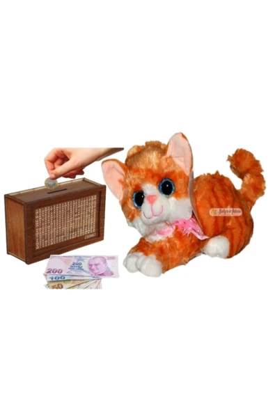 Şeker Adası Sevimli Miyavlayan Sesli Kedi 28 Cm Peluş Ve Ahşap 10.000 Hedefli Kumbara Para Biriktirme Kutusu ürün görseli 1