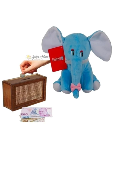 Şeker Adası Sevimli Fil 20 Cm Peluş Ve Ahşap 10.000 Hedefli Kumbara Para Biriktirme Kutusu ürün görseli