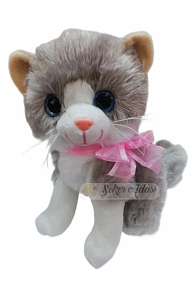 Şeker Adası Miyavlayan Sevimli Sesli Yumuşacık Gri Peluş Kedi 20 Cm - Hediyelik Uyku Ve Oyun Arkadaşı