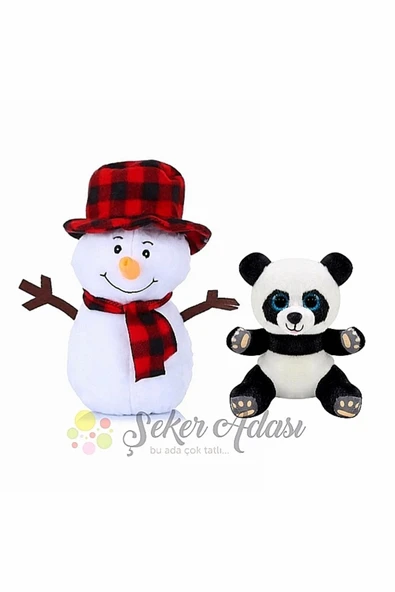 Şeker Adası Peluş Kardan Adam 25 Cm ve Panda Ayı 15 Cm Yılbaşı Kış Dekoratif Hediye Süsleme