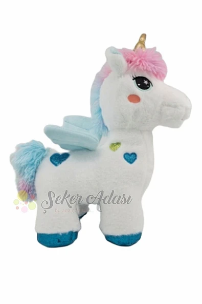 Şeker Adası Kanatlı Mavi Kalpli Unicorn At 35 Cm Oyuncak Beyaz Peluş Pony At Uyku Ve Oyun Arkadaşı Mama