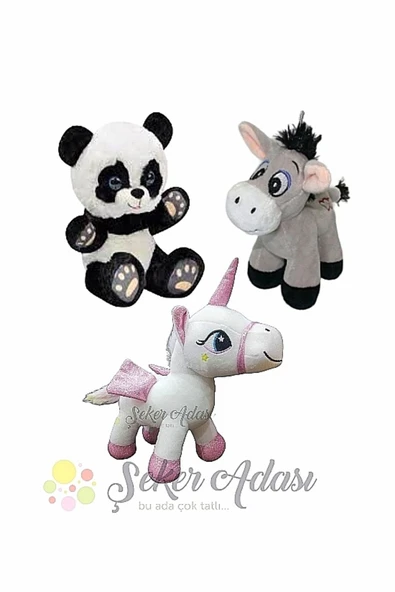 Şeker Adası Küçük Peluş Panda-Eşek-Unicorn Pony At 15 Cm Üçlü Peluş Oyuncak ürün görseli