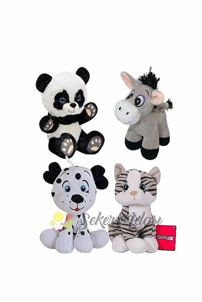 Şeker Adası Küçük Peluş Çizgili Kedi- Dalmaçyalı Köpek- Panda Ayı- Eşek 15 Cm Dörtlü Peluş Oyuncak