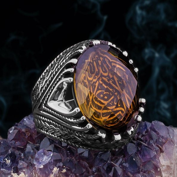 La Galibe İllallah Allah'tan Başka Galip Yoktur Yazılı Zultanit Taşlı  Gümüş Erkek Yüzük ürün görseli 1