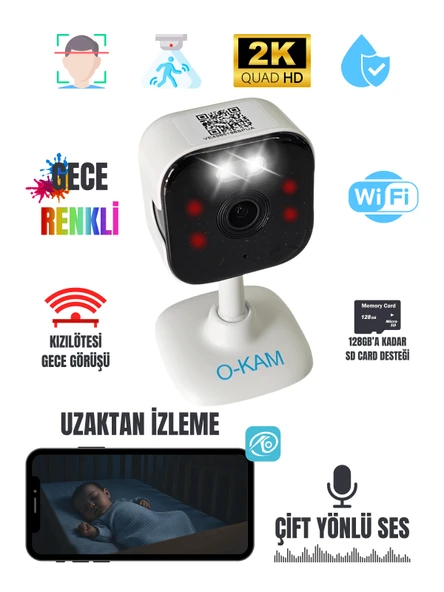 O-KAM 2K Bebek Kamerası WiFi 3MP Gece Renkli Çift Yön Ses Hareket Algılama SD Kartlı