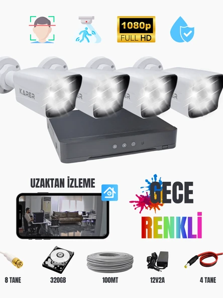 ExitCam 4'lü AHD Kamera Seti 1080p FullHD Gece Renkli IP67 + 4CH DVR + 100m Kablo + HDD