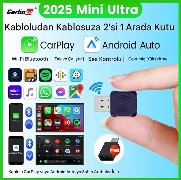carlinkit Mini Ultra 5.0 Kablosuz CarPlay & Android Auto Adaptörü Tak Çalıştır 2in1 Dual WiFi Hızlı Bağlantı