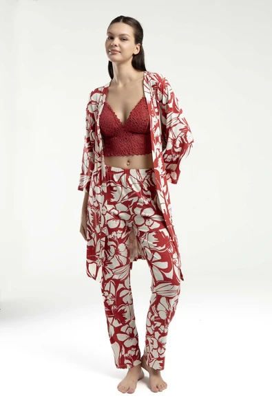 Arnetta Kadın Yarım Kol Sabahlıklı İnce Askılı Büstiyerli Pijama Takım