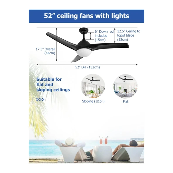 Dlc Favonıo 35W Bakır Motor Led Siyah Tavan Vantilatörü 132cm - 3