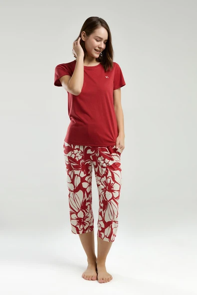 Arnetta Kadın Bisiklet Yaka Kısa Kollu Kapri Pijama Takım - 3