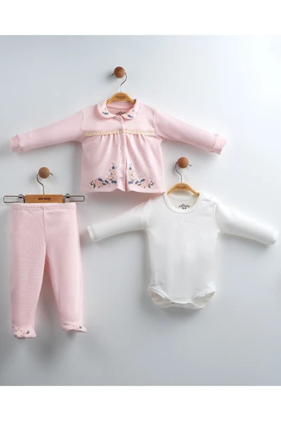 yudemia Kanaviçe Çiçekli 3 Parça Hastane Çıkış Seti - Kız Bebek Özel Tasarım - 2