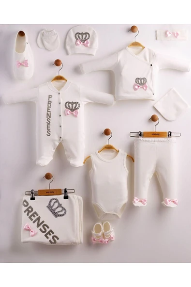 yudemia Prenses Yazılı Model 11 Parça Hastane Çıkış Seti - Kız Bebek Taşlı Tasarım