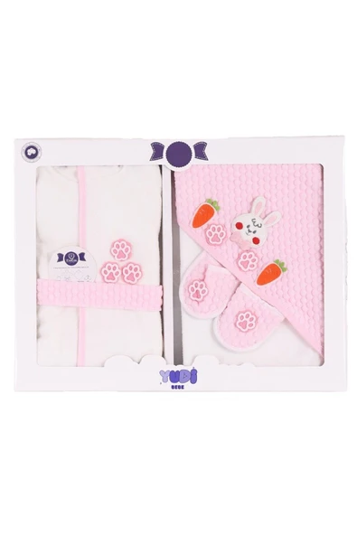 yudemia %100 Organik Pamuklu Ön ve Arka Tavşanlı Baskılı Lacivert Bebek Bornoz Seti - (4 Parça) - 3