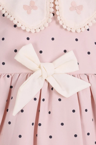 yudemia Kız Çocuk Pembe Puantiyeli Elbise - Dantel Yaka Fiyonklu Yazlık Elbise - 3