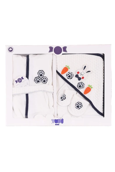 yudemia %100 Organik Pamuklu Ön ve Arka Tavşanlı Baskılı Lacivert Bebek Bornoz Seti - (4 Parça)