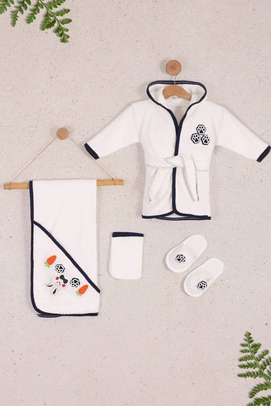 yudemia %100 Organik Pamuklu Ön ve Arka Tavşanlı Baskılı Lacivert Bebek Bornoz Seti - (4 Parça) - 2