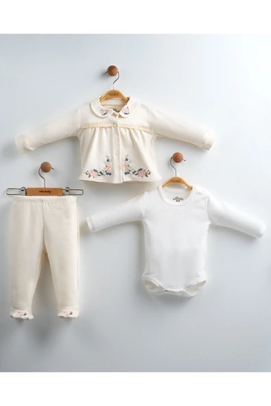 yudemia Kanaviçe Çiçekli 3 Parça Hastane Çıkış Seti - Kız Bebek Özel Tasarım - 3