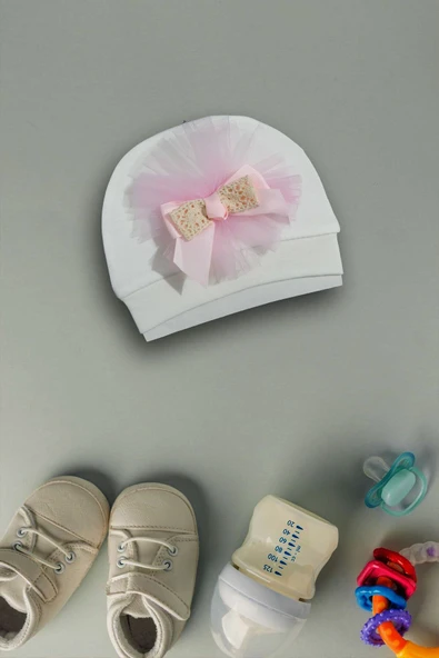 yudemia %100 Organik Pamuklu Şık ve Rahat Papyon Nakışlı Tasarım Bebek Beresi