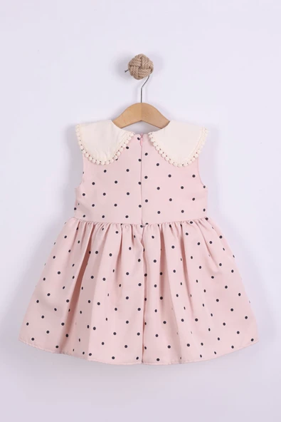 yudemia Kız Çocuk Pembe Puantiyeli Elbise - Dantel Yaka Fiyonklu Yazlık Elbise - 2