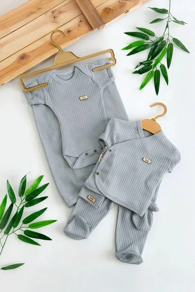 yudemia %100 Pamuklu Gri Raporlu 7 Parça Yenidoğan Bebek Zıbın Takımı