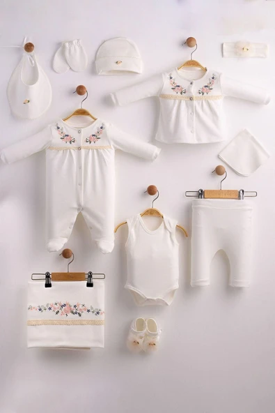 yudemia %100 Organik Pamuklu Çiçek Nakışlı Beyaz Yenidoğan Hastane Çıkış Seti - 10'lu Set