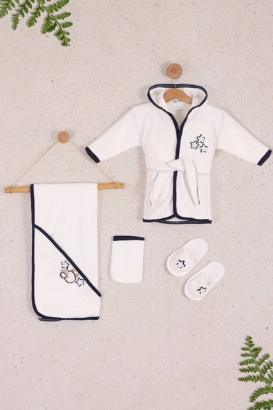 yudemia %100 Organik Pamuklu Ön ve Arka Kuzu Baskılı Beyaz Bebek Bornoz Seti - (4 Parça) - 6