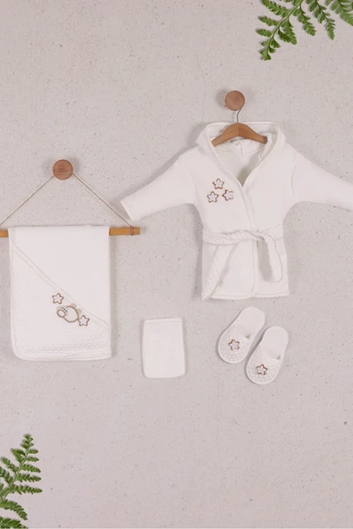 yudemia %100 Organik Pamuklu Ön ve Arka Kuzu Baskılı Beyaz Bebek Bornoz Seti - (4 Parça) - 2