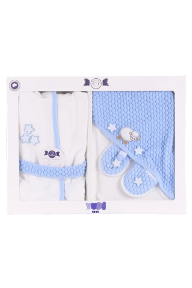 yudemia %100 Organik Pamuklu Ön ve Arka Kuzu Baskılı Beyaz Bebek Bornoz Seti - (4 Parça) - 3