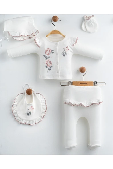 yudemia Yeni Doğan Kız Bebek 5 Parça Çiçekli Hastane Çıkış Seti - Fırfırella Çiçek Nakışlı