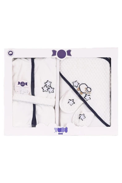 yudemia %100 Organik Pamuklu Ön ve Arka Kuzu Baskılı Beyaz Bebek Bornoz Seti - (4 Parça) - 5