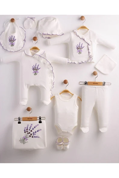 yudemia Lavanta Çiçekli 10 Parça Hastane Çıkış Seti - Kız Bebek Özel Tasarım