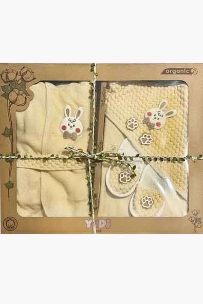 yudemia %100 Organik Pamuk ve Antibakteriyel Rabbit Bebek Bornoz Seti - (4 Parça)