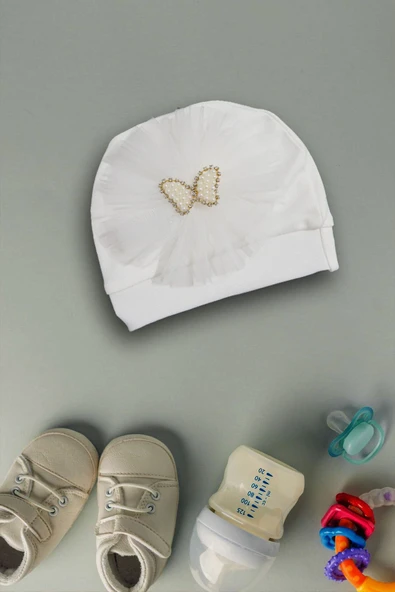 yudemia %100 Organik Pamuklu Şık ve Rahat Boncuklu Kelebek Nakışlı Tasarım Bebek Beresi