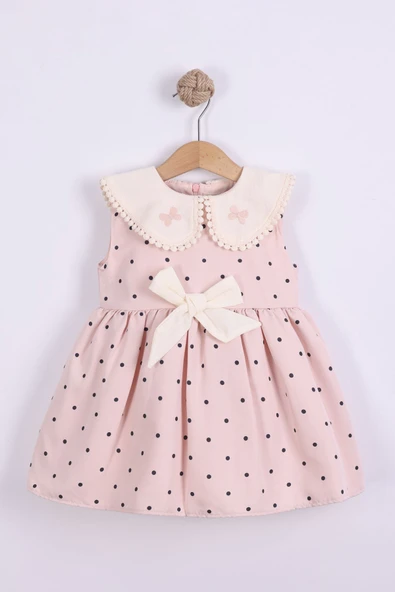 yudemia Kız Çocuk Pembe Puantiyeli Elbise - Dantel Yaka Fiyonklu Yazlık Elbise