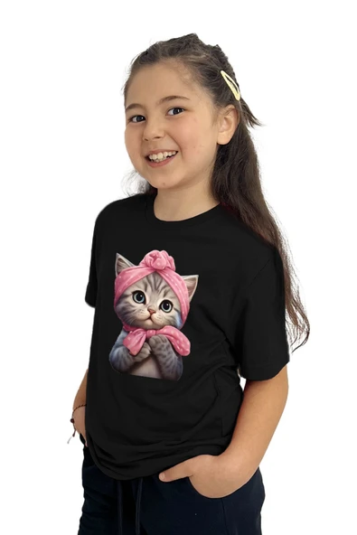 yudemia Kedi Baskılı Kız Çocuk Tişört | %100 Pamuk, Şık ve Rahat