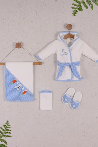 yudemia %100 Organik Pamuklu Ön ve Arka Tavşanlı Baskılı Lacivert Bebek Bornoz Seti - (4 Parça) - 6