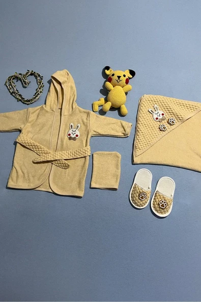 yudemia %100 Organik Pamuk ve Antibakteriyel Rabbit Bebek Bornoz Seti - (4 Parça) - 4