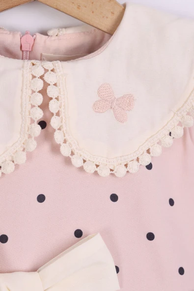 yudemia Kız Çocuk Pembe Puantiyeli Elbise - Dantel Yaka Fiyonklu Yazlık Elbise - 4