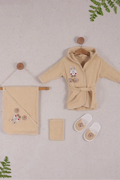yudemia %100 Organik Pamuk ve Antibakteriyel Rabbit Bebek Bornoz Seti - (4 Parça) - 2