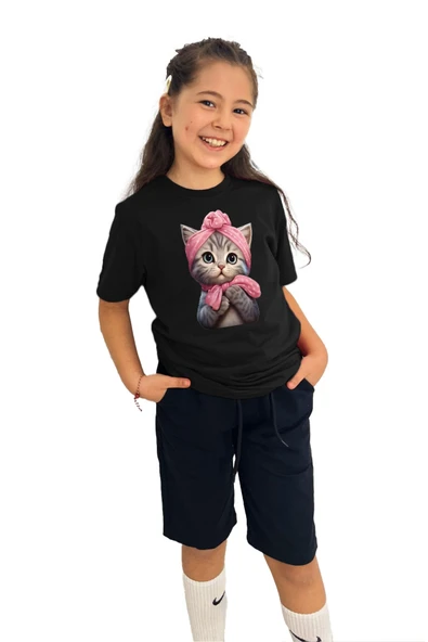 yudemia Kedi Baskılı Kız Çocuk Tişört | %100 Pamuk, Şık ve Rahat - 3