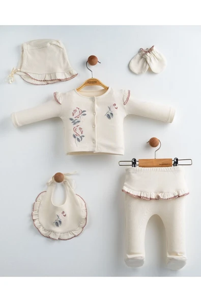 yudemia Yeni Doğan Kız Bebek 5 Parça Çiçekli Hastane Çıkış Seti - Fırfırella Çiçek Nakışlı - 2