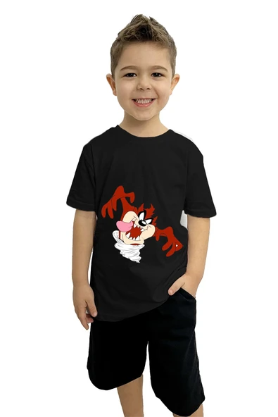 yudemia Tazmanya Baskılı Çocuk Tişört ve Şort Takımı | %100 Pamuk, Şık ve Rahat - 4