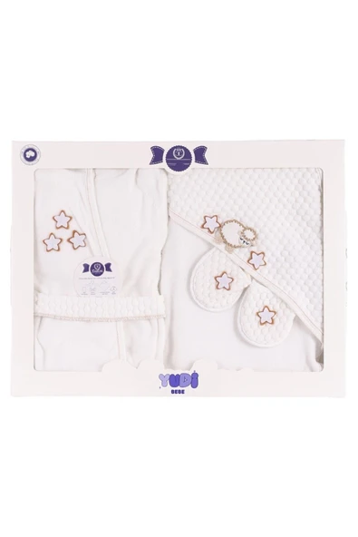 yudemia %100 Organik Pamuklu Ön ve Arka Kuzu Baskılı Beyaz Bebek Bornoz Seti - (4 Parça)