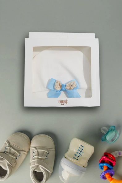 yudemia %100 Organik Pamuklu Şık ve Rahat Papyon Nakışlı Tasarım Bebek Beresi - 2