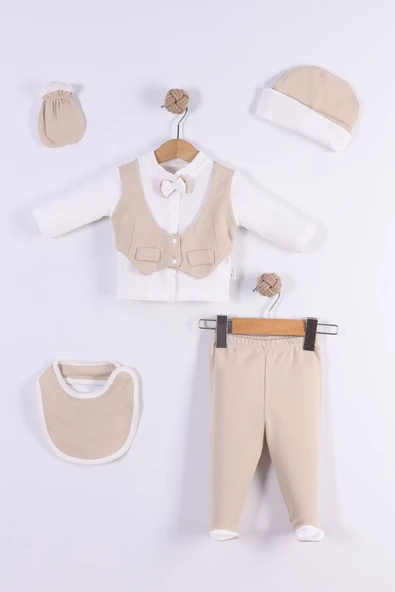 yudemia Krem Papyonlu 5 Parçalı Hastane Çıkışı – Bebeğiniz İçin Şık ve Zarif Set